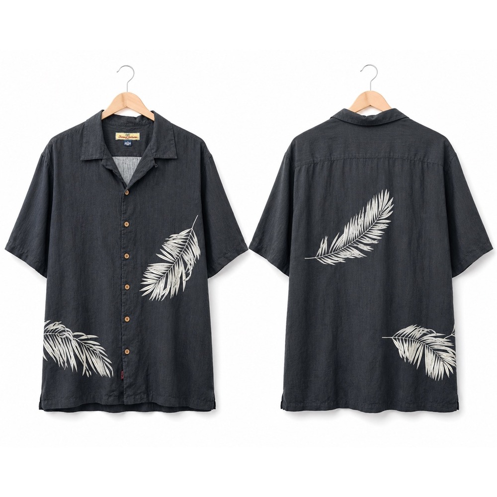 Tommy Bahama Mens XL Black 100% Silk Palm Leaf Shirt Short Sleeve